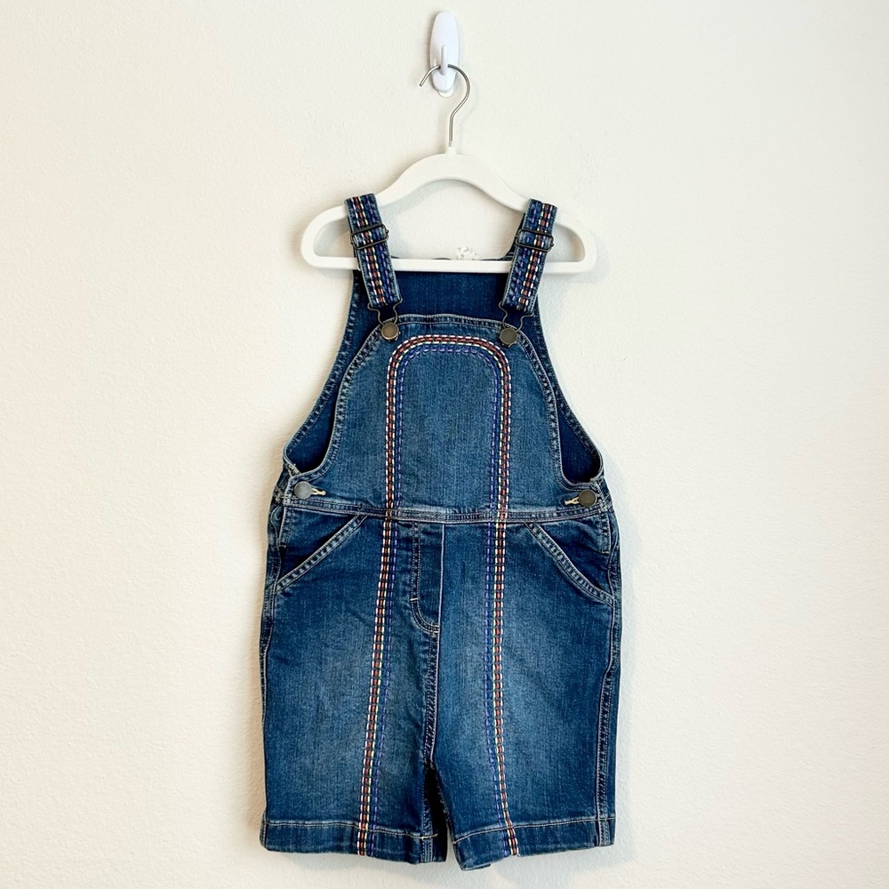 Hanna Andersson Girls Rainbow Embroidered Overalls Denim, Size 8